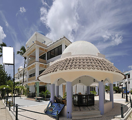 Image showing A tropical resort hotel with a billboard for your advertisement