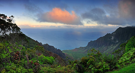 Image showing Mist rising from the valley of Kalalau at sunrise, in Kauai, Haw