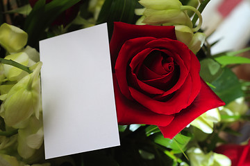 Image showing Red roses, orchids and a blank card