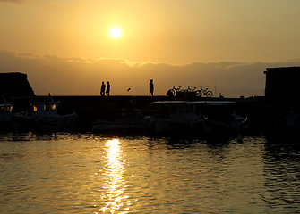 Image showing Crete harbour wall sunset