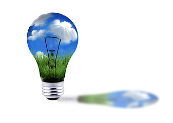 Image showing Green Grass and Blue Sky in a Lightbulb Energy Concept