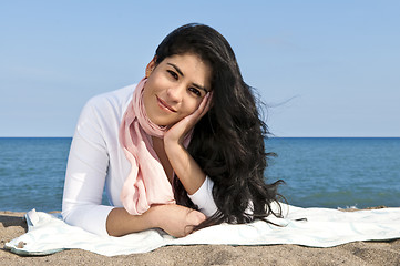 Image showing Young native american woman at beach