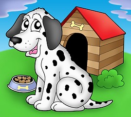 Image showing Dalmatian dog in front of kennel