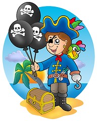 Image showing Pirate boy with balloons on beach