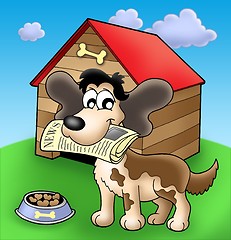 Image showing Dog with news in front of kennel