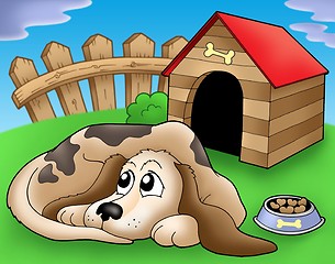 Image showing Sad dog in front of kennel 1
