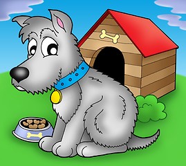 Image showing Grey dog in front of kennel