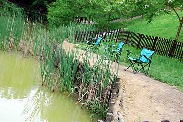 Image showing Fishing by green pond