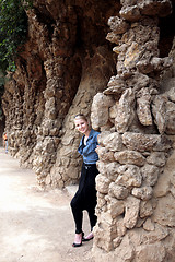 Image showing  Yong woman in Park Guell (Antoni Gaudis) Barcelona Spain