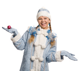 Image showing Smiling snow maiden with christmas-tree decoration