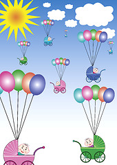 Image showing baby buggys flying on balloons