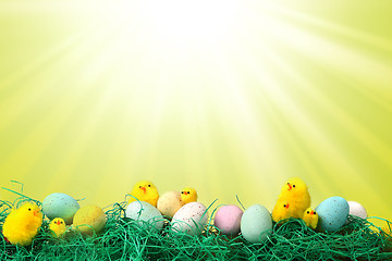 Image showing Easter Holiday Image With Chicks Eggs and Grass