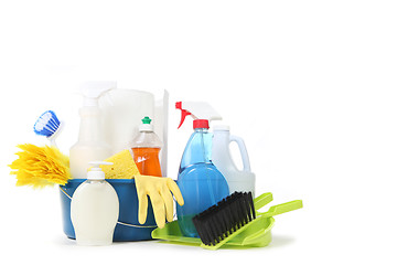 Image showing Household Cleaning Products in a Blue Bucket