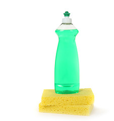 Image showing Dishwashing Liquid in a Bottle With 2 Yellow Sponges