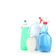 Image showing Household Cleaning Products Dishsoap Window Cleaner and Bleach