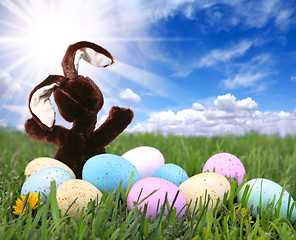 Image showing Bunny Rabbit in the Grass With Easter Colored Eggs