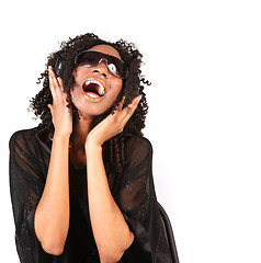 Image showing Woman Singing While Listening to Music on Headphones