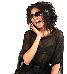 Image showing Black Woman Listening to Music on White Background