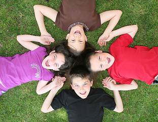 Image showing Family of Siblings Lying on the Grass Laughing