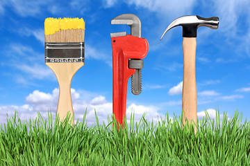 Image showing Home Improvement Tools Paintbrush, Pipe Wrench and Hammer