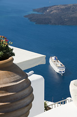 Image showing incredilbe santorini greek island view with cruise ship