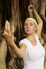 Image showing Woman in white meditating in front of Bodhi Tree Roots