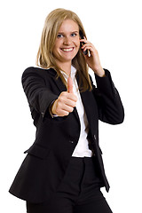 Image showing attractive businesswoman on the phone winning