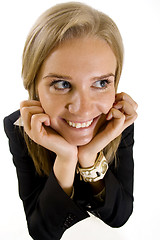 Image showing wide angle picture of an attractive businesswoman smiling