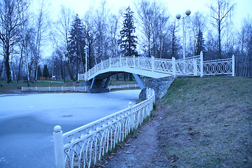 Image showing winter morning landscape with bridge