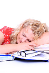 Image showing Young woman, tired of studying