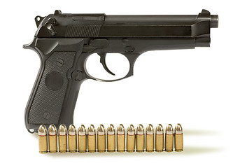 Image showing handgun  and 	fifteen bullets