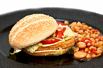 Image showing Chicken burger with bean sallad