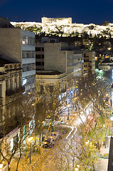 Image showing athens greece night scene with parthenon and street car traffic