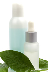 Image showing cosmetic products with green leaf