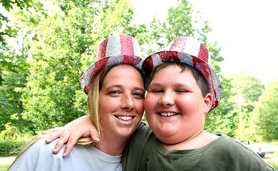 Image showing Mother and son in 4th of july hats