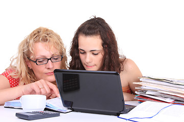 Image showing young girl with laptop do homework