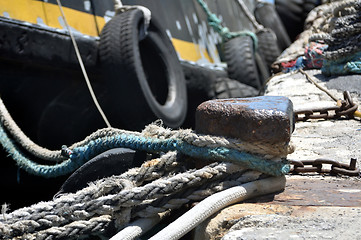Image showing Transportation: ship tied to old rusty mooring cleat