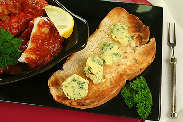 Image showing Cracked Crab In Tomato Sauce With Toast