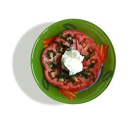 Image showing Salad from a tomato with sour cream on a white background