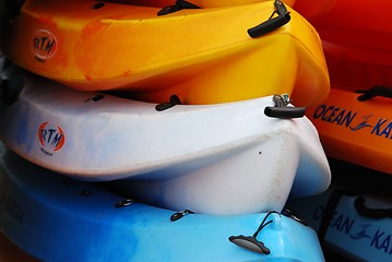 Image showing Colorful kayaks