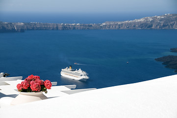 Image showing view of volcanic islands of santorini with cruise ship 