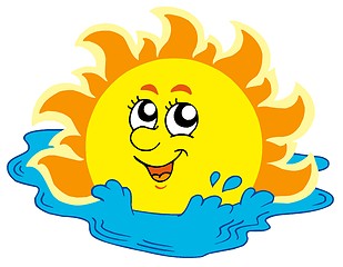 Image showing Cartoon Sun bathing in sea