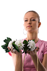 Image showing female portrait with white flowers