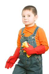 Image showing Boy in red rubber gloves