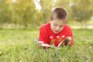 Image showing Boy laying on grass and reading