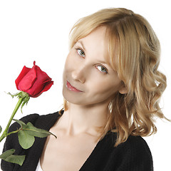 Image showing Blonde posing with red rose