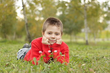 Image showing Relaxed boy laying on grass