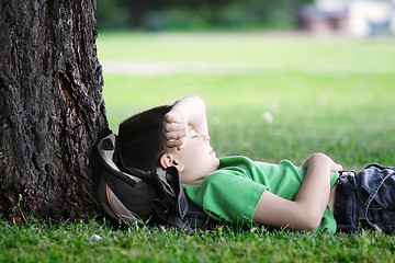 Image showing Boy sleeping under tree