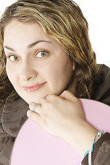 Image showing Girl holding snowboard closeup