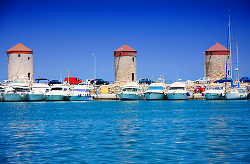 Image showing Three old Rhodes windmills